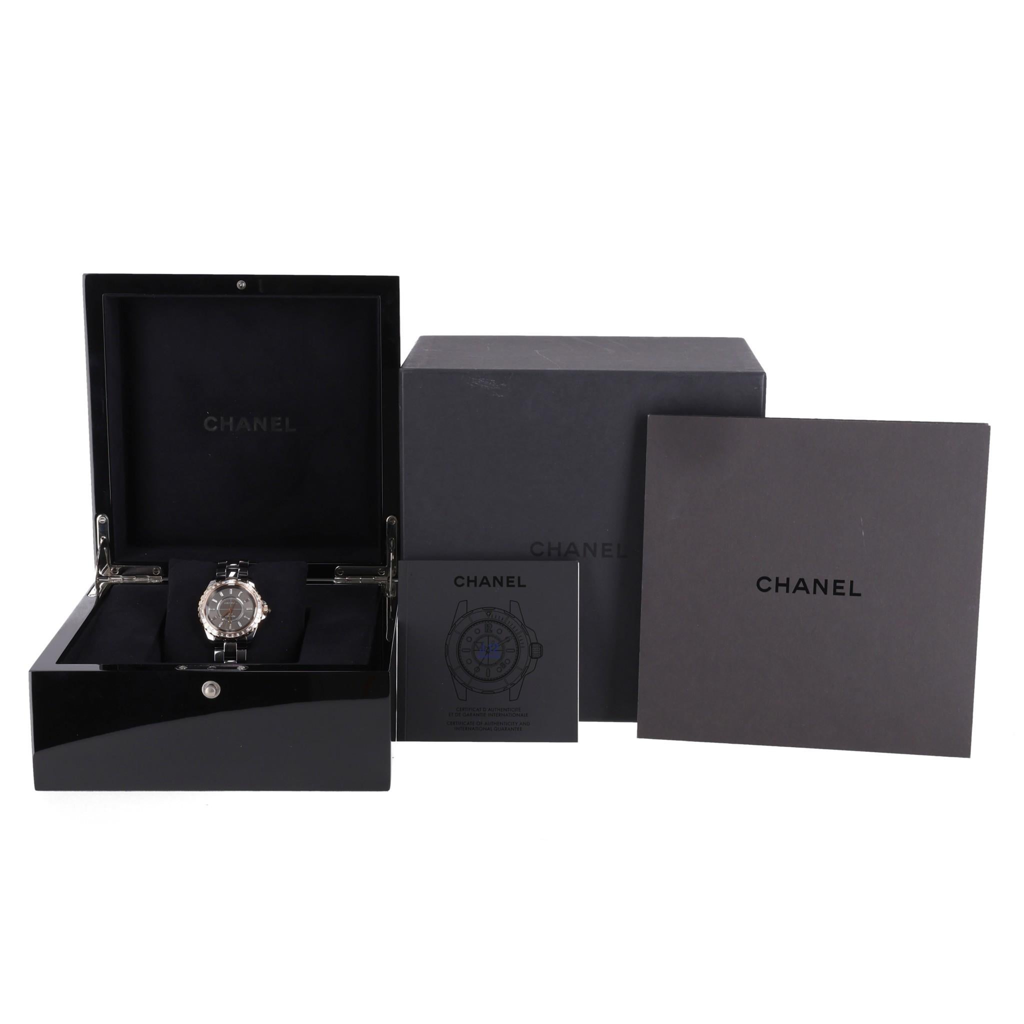 Chanel 18k Rose Gold, Ceramic & Baguette Diamond J12 Automatic Watch For Sale 3
