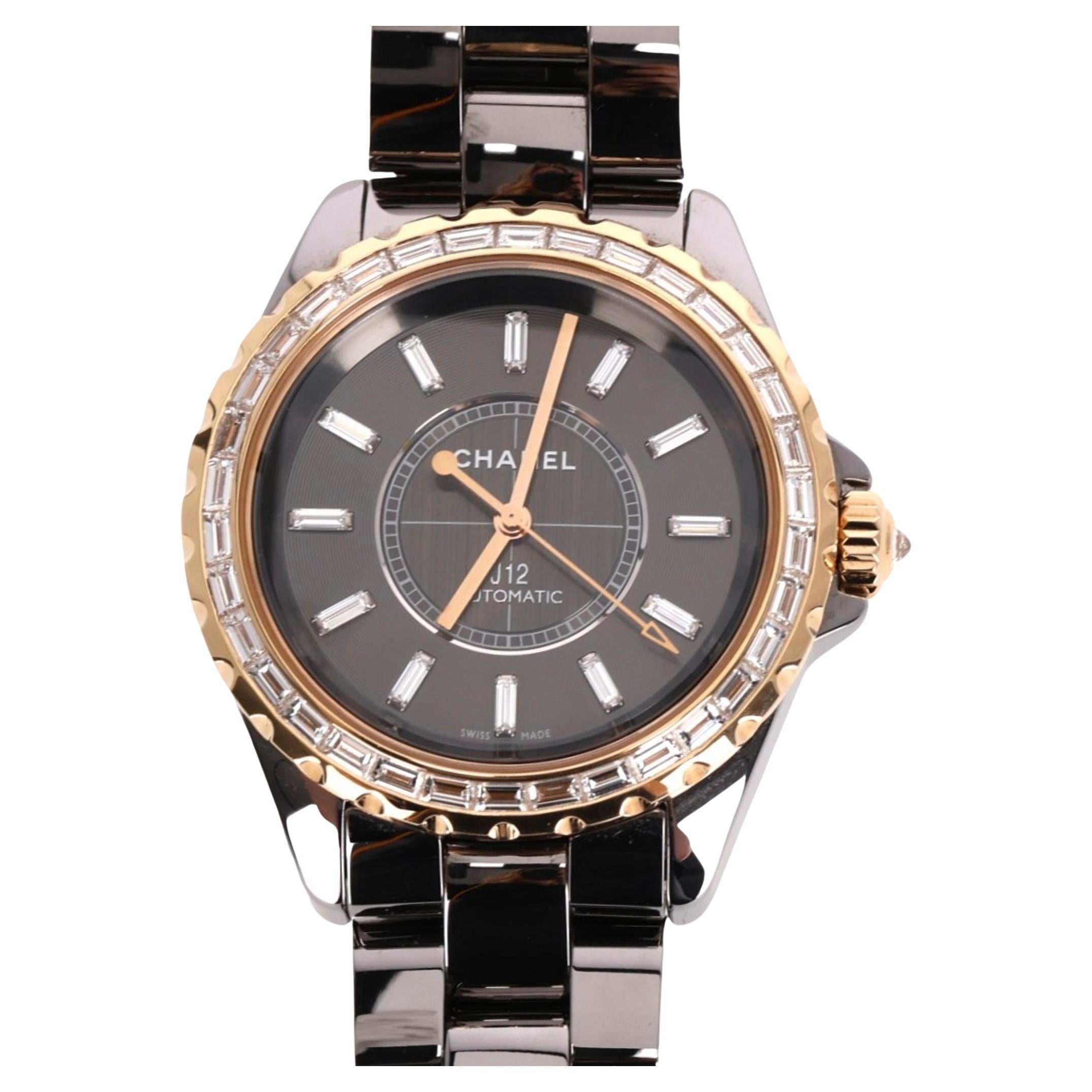 Chanel 18k Rose Gold, Ceramic & Baguette Diamond J12 Automatic Watch