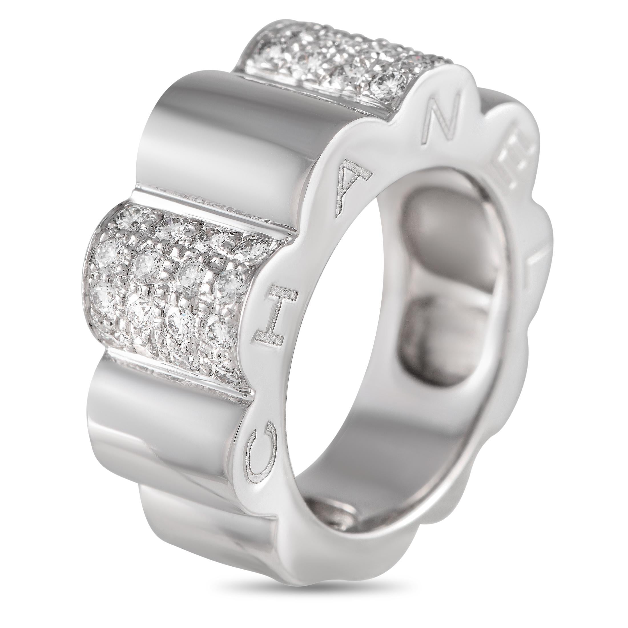 Scalloped edges define the feminine elegance of this white gold ring from Chanel. Its ridged profile features an alternating polished and diamond-encrusted finish. The ring's interior surface, where the ring touches the finger, has a smooth rounded