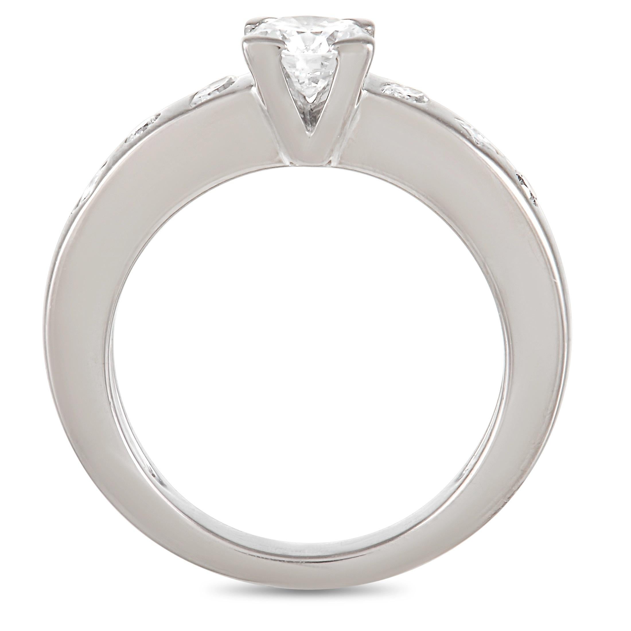 This scintillating Chanel ring exudes the brand’s signature sense of charm. This piece’s 18K White Gold setting - which features a 3mm wide band and a 5mm top height - provides the perfect backdrop for the breathtaking 0.56 carat diamond center