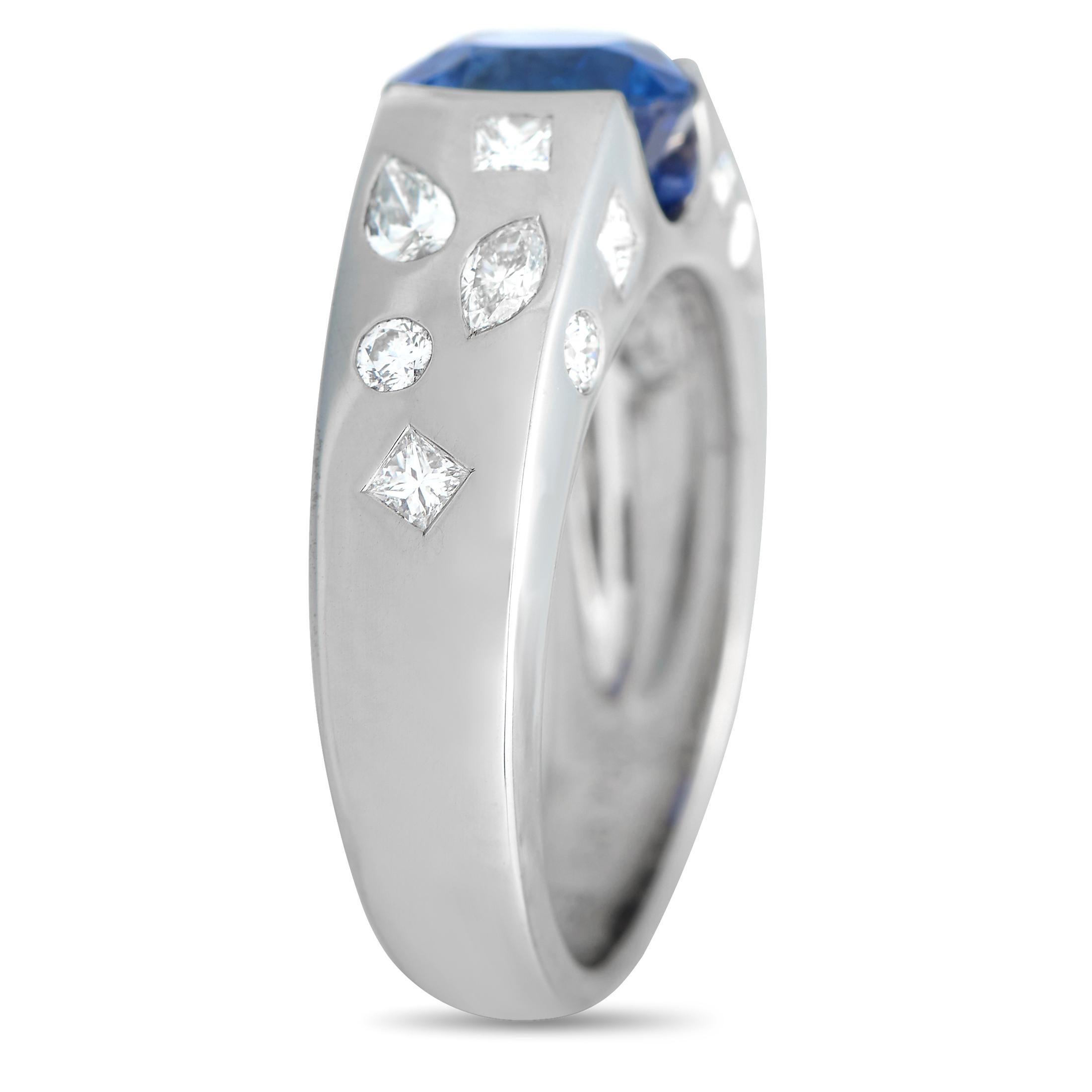 Mark a milestone or a special moment with this gorgeous modern sparkler clad in white gold. This determinedly dazzling ring from Chanel features a 2.25 ct oval sapphire center stone in a half-bezel setting. The band's shoulders are decorated with
