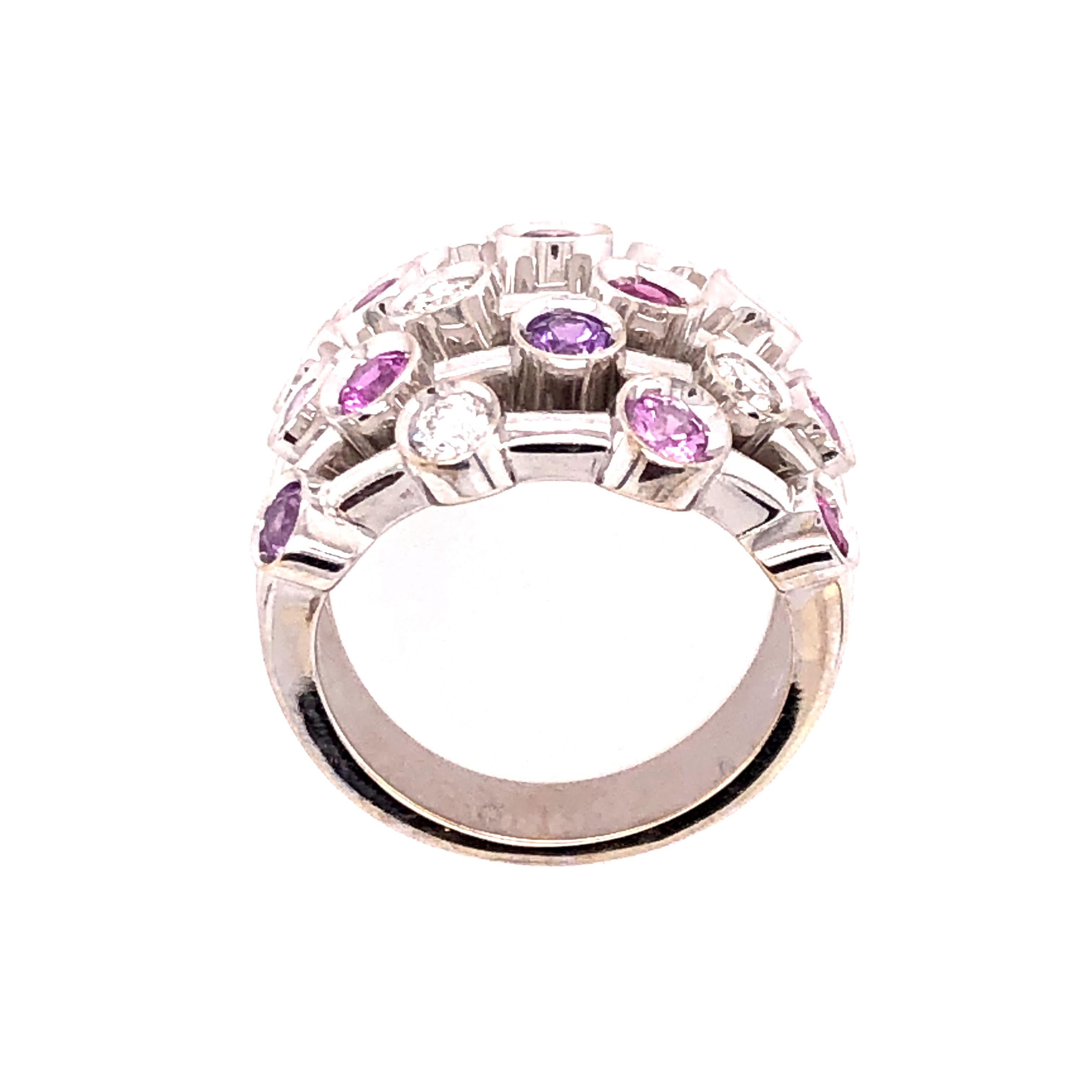 Contemporary Chanel 18 Karat White Gold 5-Row Diamond, Pink Sapphire, Ruby Ring For Sale