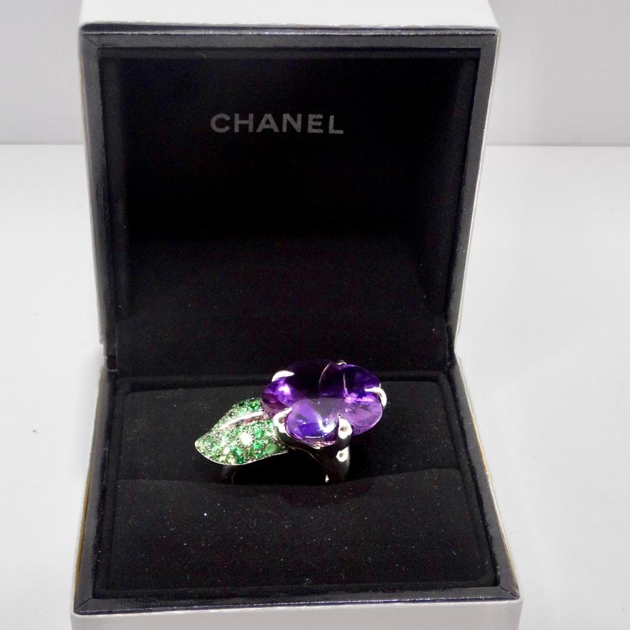 Mixed Cut Chanel 18K White Gold Amethyst and Tsavorite Large Flower Ring