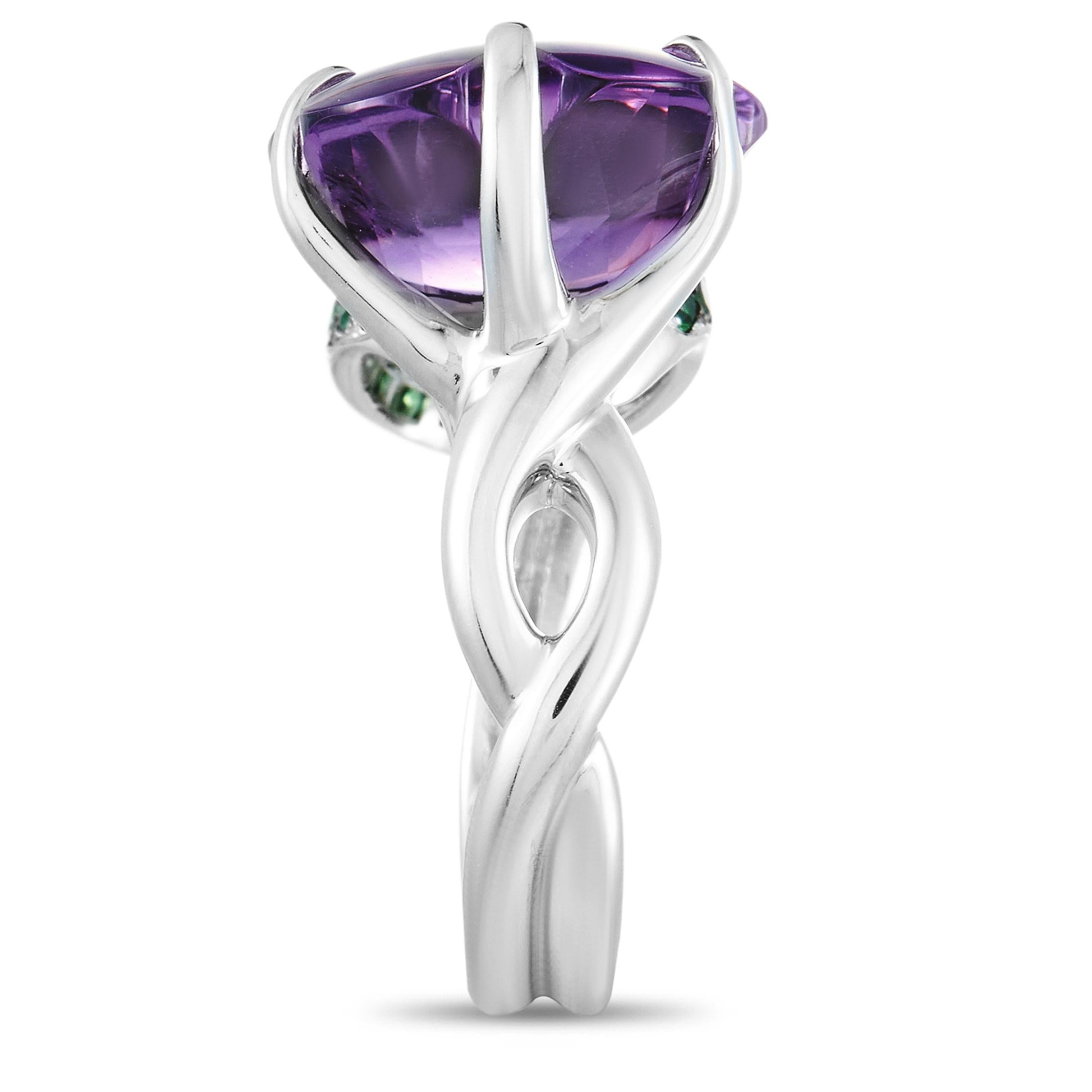 Chanel 18 Karat White Gold Amethyst and Tsavorite Large Flower Ring In Excellent Condition In Southampton, PA