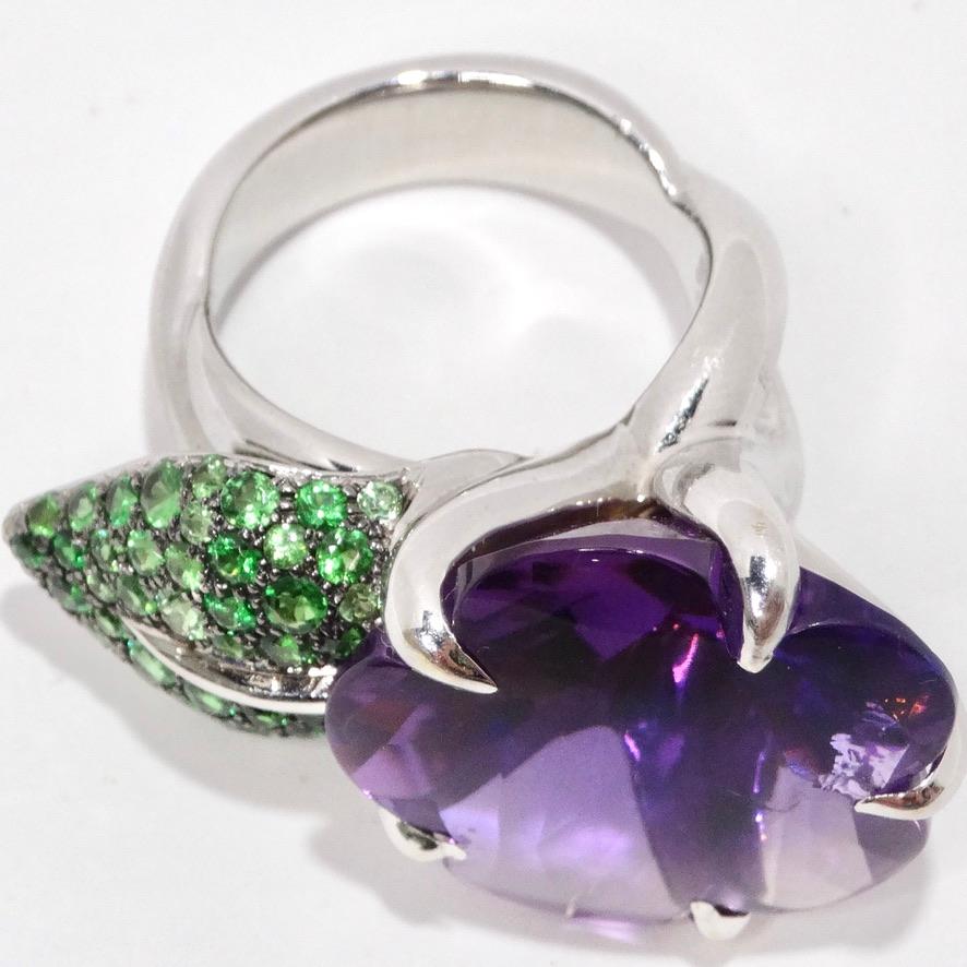 Chanel 18K White Gold Amethyst and Tsavorite Large Flower Ring In Good Condition For Sale In Scottsdale, AZ