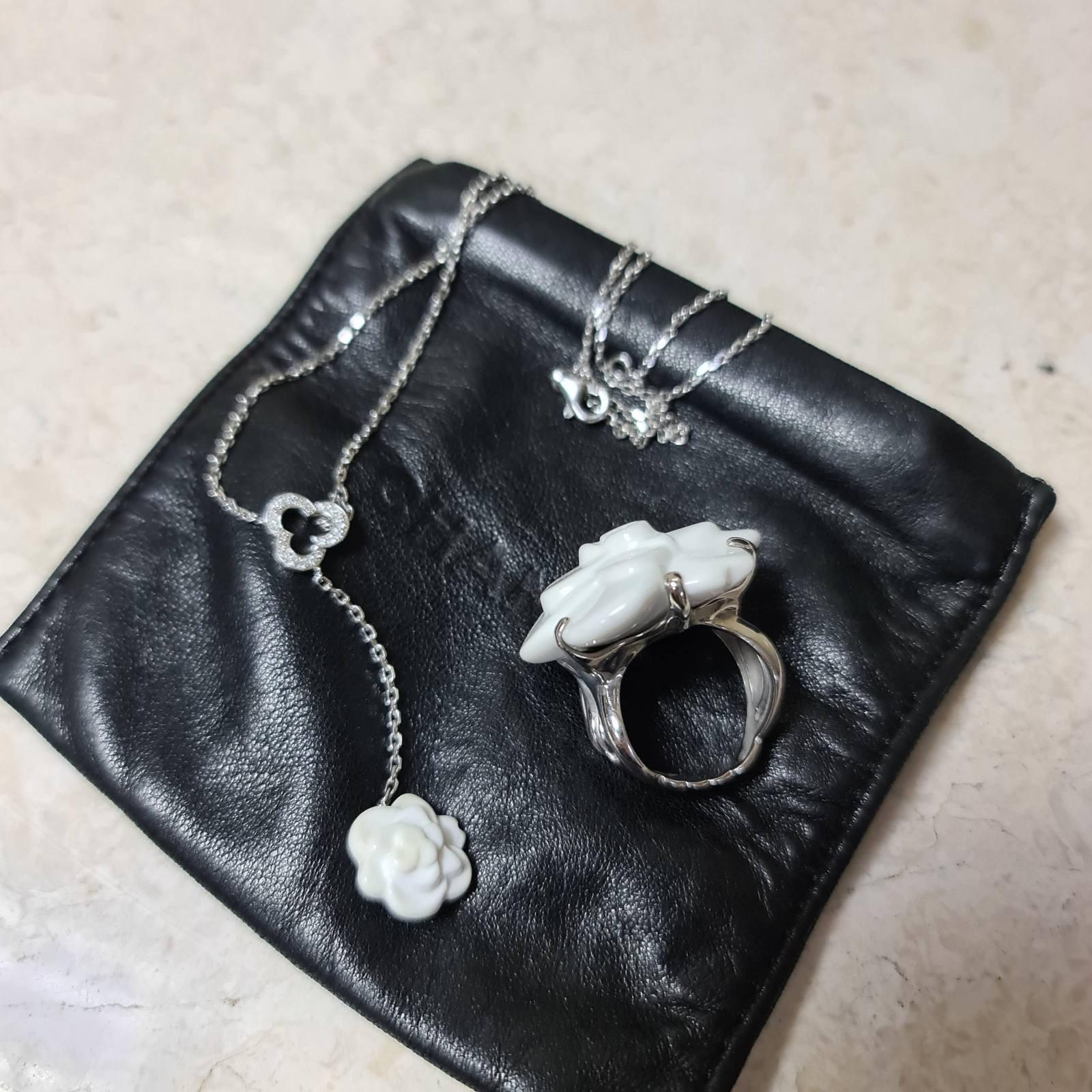 Chanel 18K White Gold Camellia Agate Diamond Necklace 2