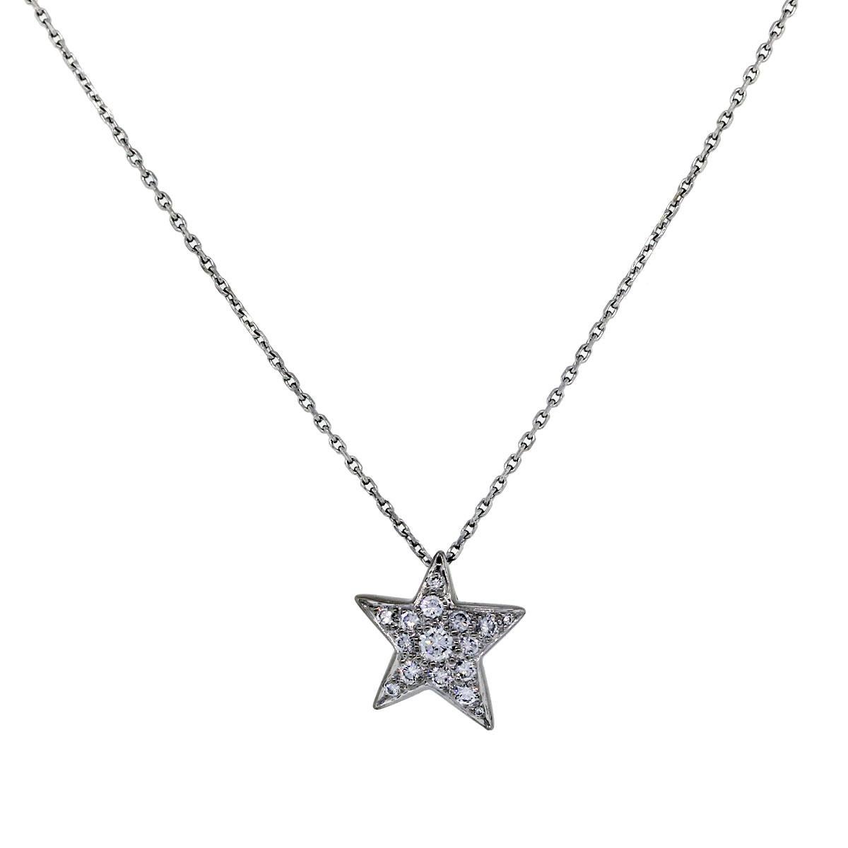 Style: CHANEL 18k White Gold Diamond Comet Star Necklace
Material: 18k White Gold
Total Weight: 8.5dwt (13.2g)
Necklace Length: Chain is 16''
Pendant Size: 3.0dwt (4.7g) 
Pendant Measurements: 15.04 x 14.55 mm
Diamond Details: Round Diamonds,