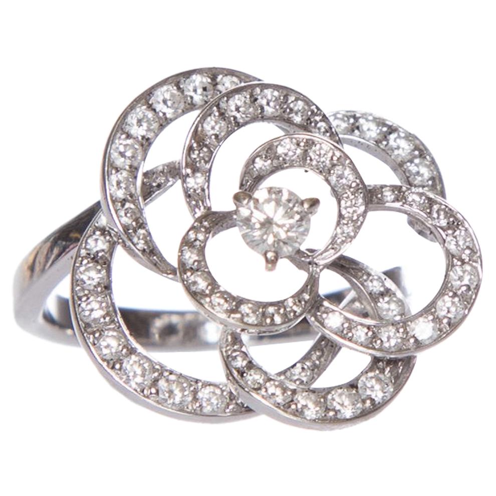 CHANEL 18K White Gold Flower Ring With Diamonds Size 6 For Sale