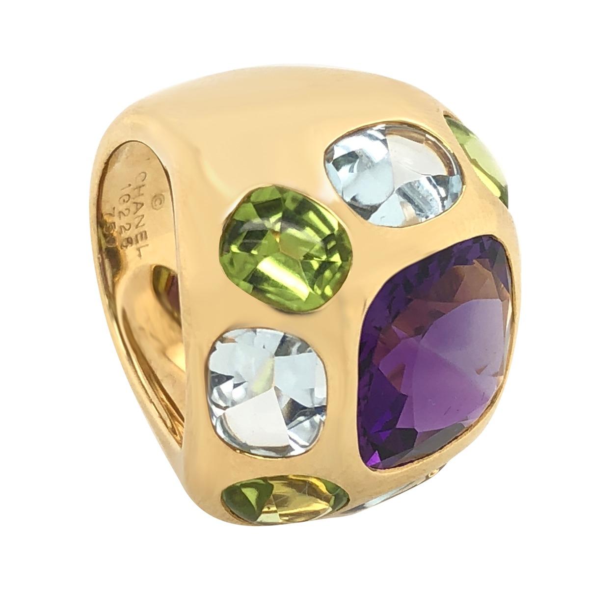 Metal Type: 18K Yellow Gold
Hallmark: 18K, 750 Chanel Stamp Serial: 1G228
Location:  Inside Shank, Outside of Shank
Metal Finish: High Polish
Total Item Weight (g): 21.2
Stone Count: 9
Gemstone: Diamond, Amethyst, Aquamarine, Peridot
Made in