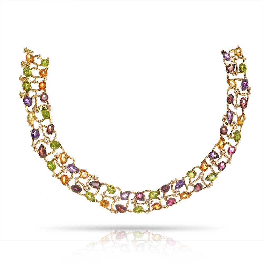 Modern Chanel 18K Yellow Gold Multicolor Gemstone and Diamond Collar Necklace For Sale