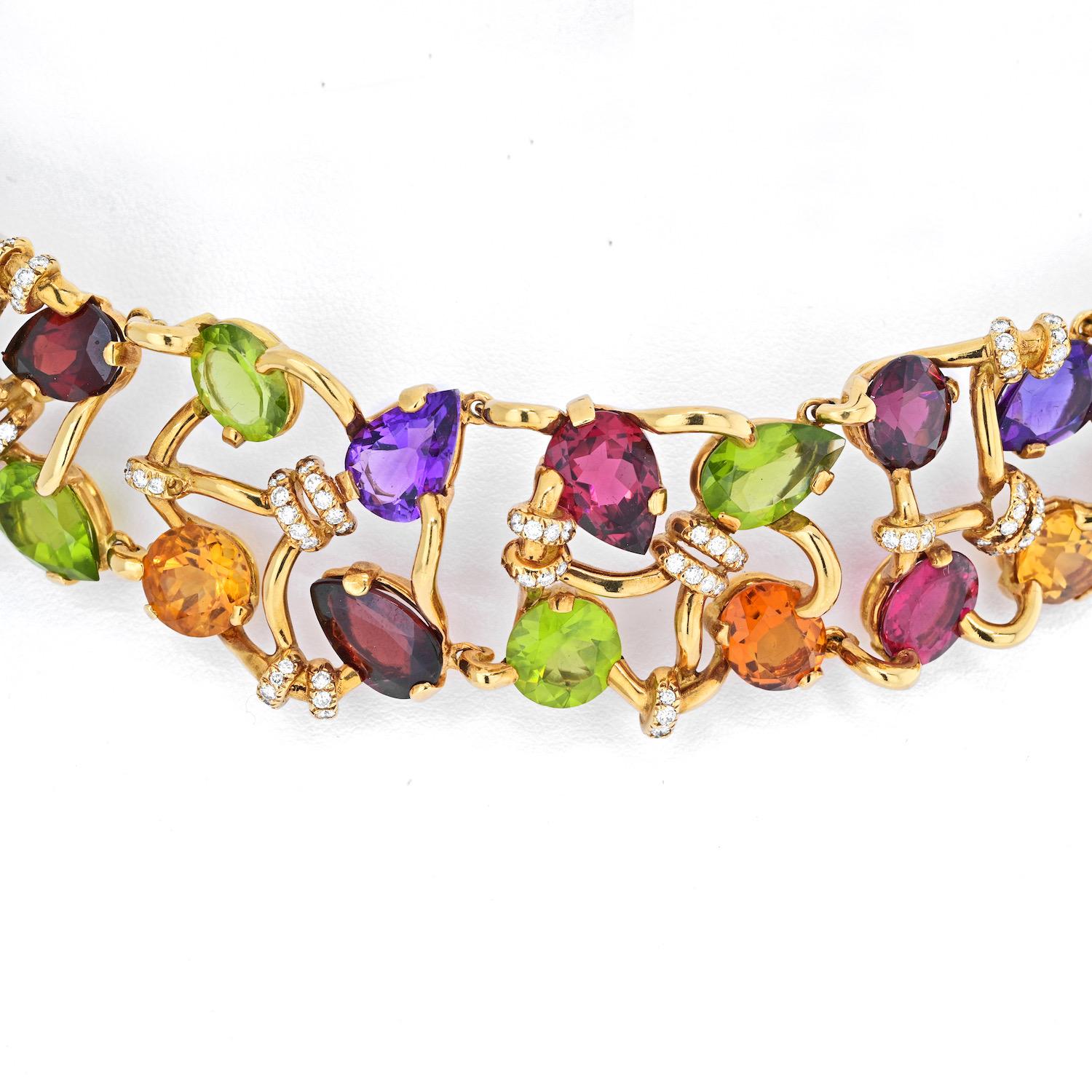 Round Cut Chanel 18K Yellow Gold Multicolor Gemstone and Diamond Collar Necklace For Sale