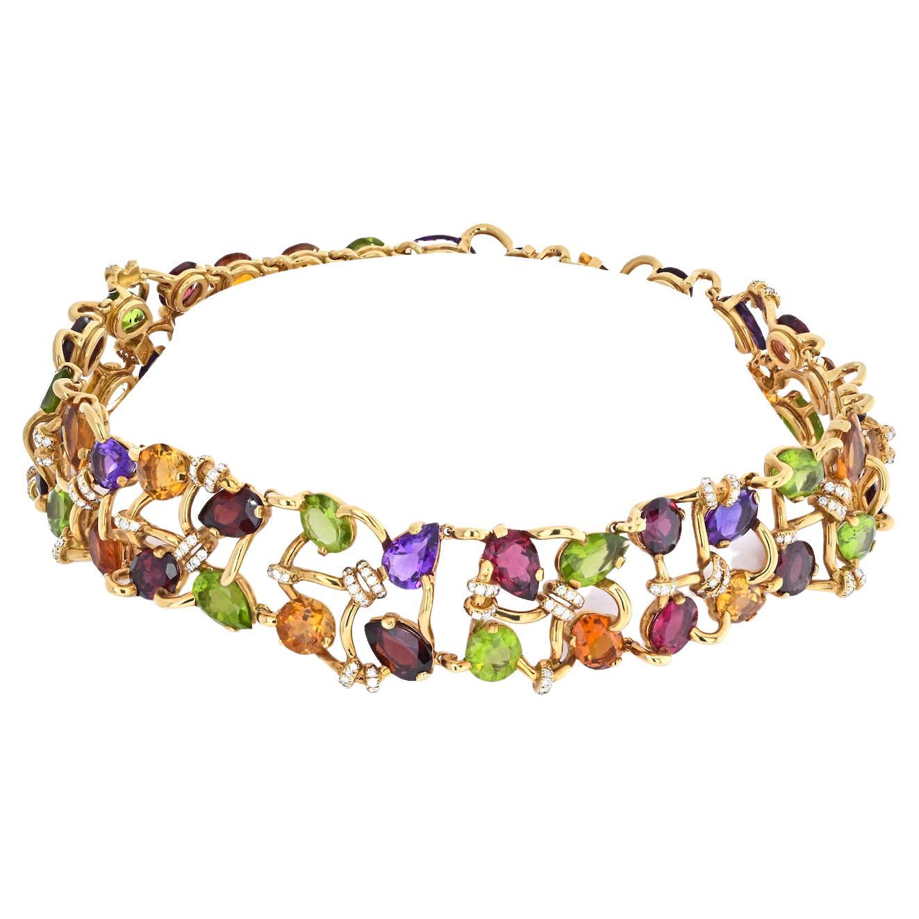 Chanel 18K Yellow Gold Multicolor Gemstone and Diamond Collar Necklace