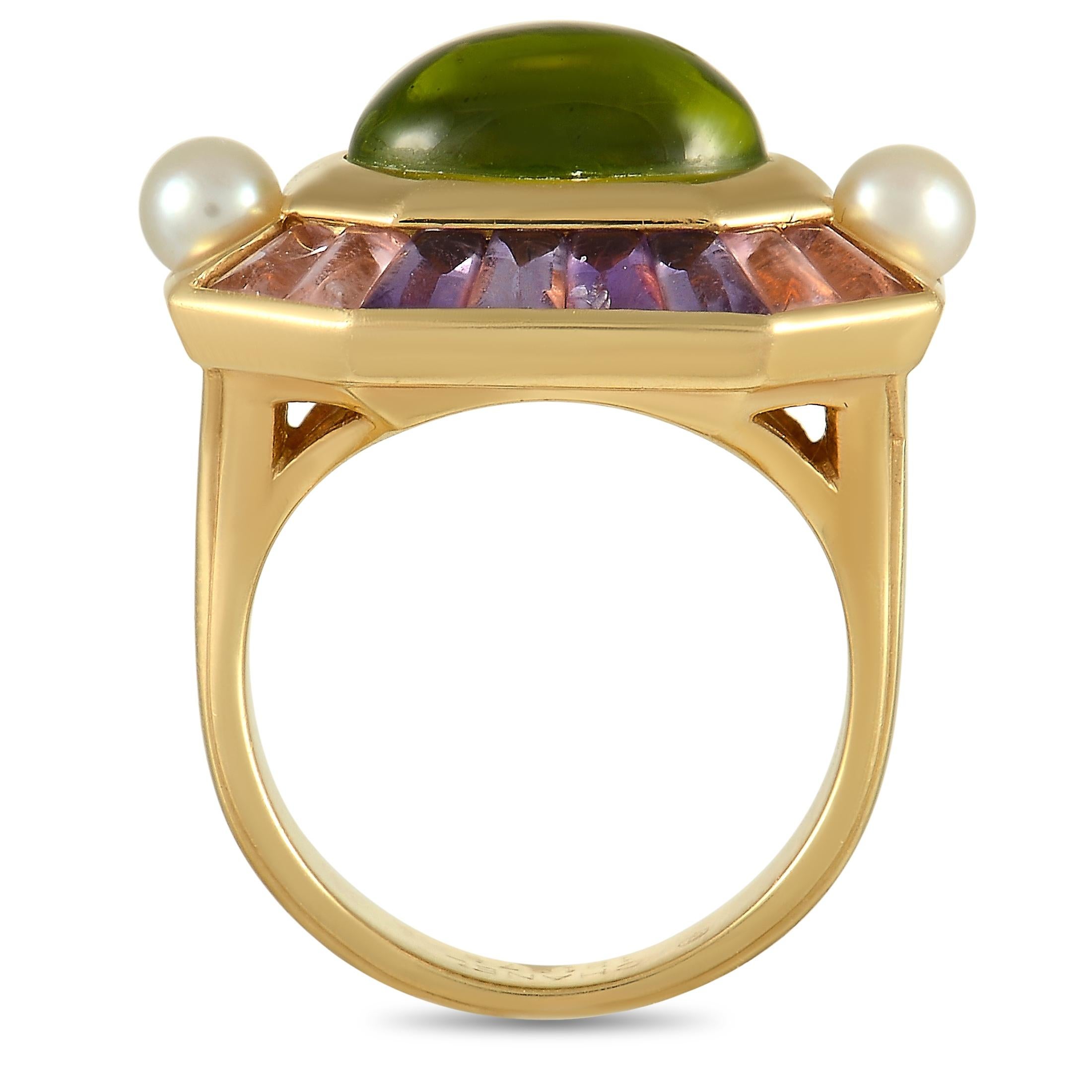 The feminine sophistication of the Chanel brand comes to life on this exquisite ring. Bold and incredibly captivating, a classic 18K Yellow Gold setting provides the perfect backdrop for its array of vibrant, multicolored gemstones. The striking