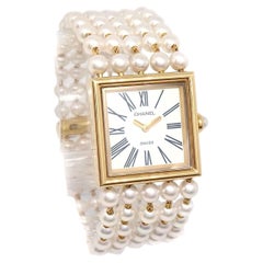 Retro CHANEL 18K Yellow Gold Pearl Square Women's Evening Wrist Watch