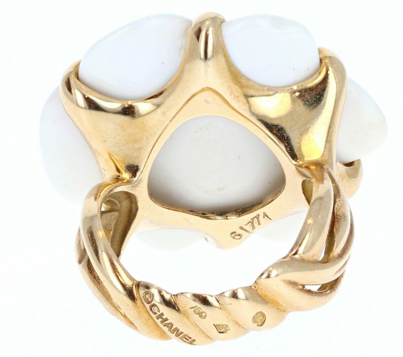 Women's Chanel 18 Karat Yellow Gold and White Agate Camelia Flower Ring