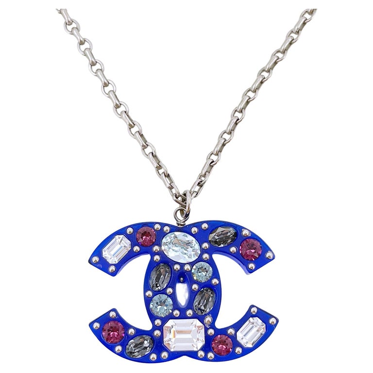 Chanel 18P Blue Crystal Embedded Resin CC Logo Pendant Necklace Silver  65835 For Sale at 1stDibs