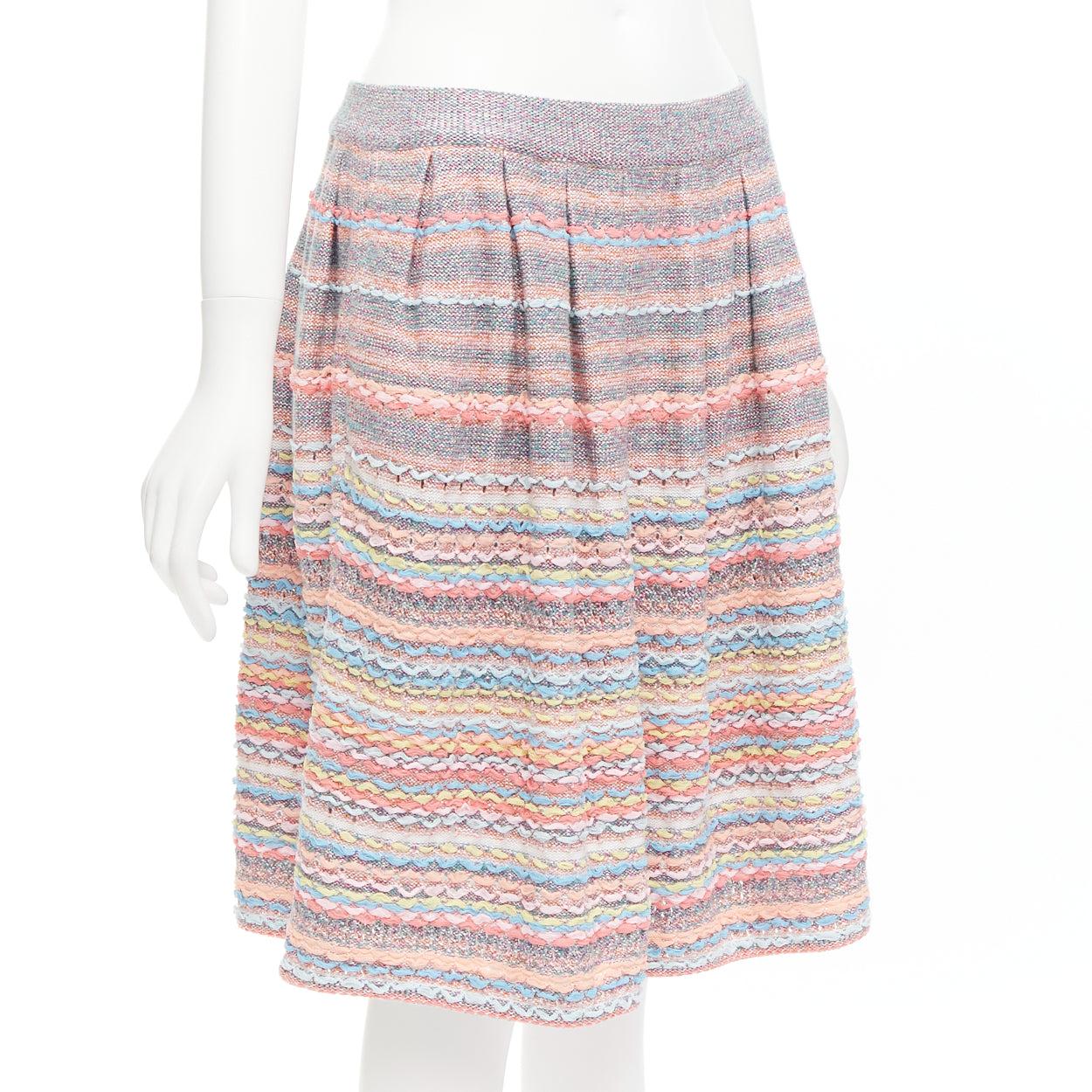 CHANEL 18P rainbow silk cotton cashmere ribbon tweed knee length skirt FR40 L In Excellent Condition For Sale In Hong Kong, NT
