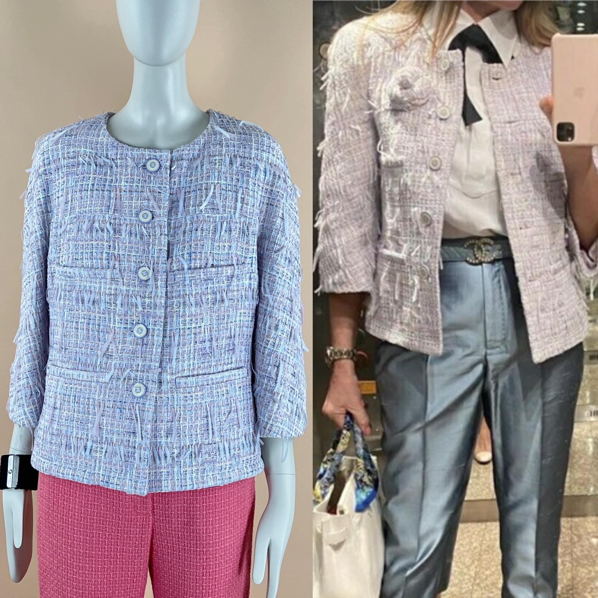 New Chanel 18P lavender tweed jacket from 2018 Spring Collection by Karl Lagerfeld. Retail price ca. 8,900$
Very recognizable! as seen on many celebs and fashionistas.
- made of luxurious fringed lesage tweed in pastel lavender color
- CC lof