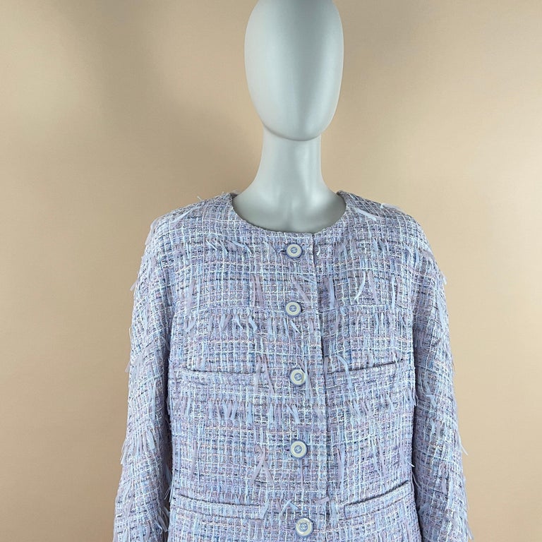 Chanel La Pausa Resort Blue Grey Tweed Collarless Jacket For Sale at  1stDibs