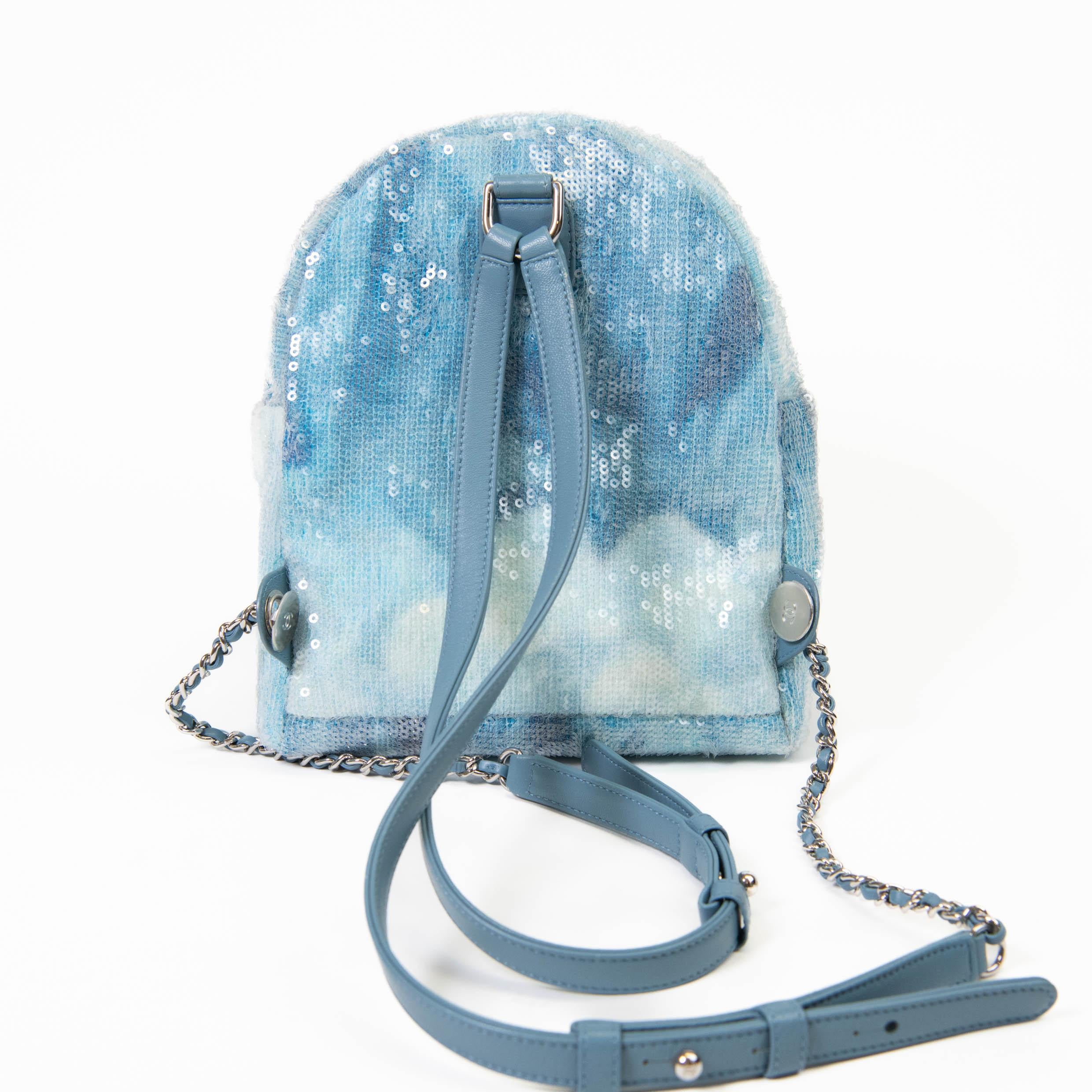 Chanel 18S Blue Sequin Tricolor Waterfall Backpack In Good Condition For Sale In Corona Del Mar, CA