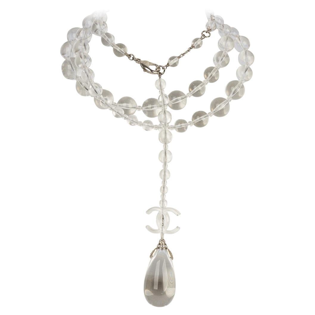 Chanel 18S Transparent Crystal Bead CC Logo Teardrop Necklace / Belt For Sale