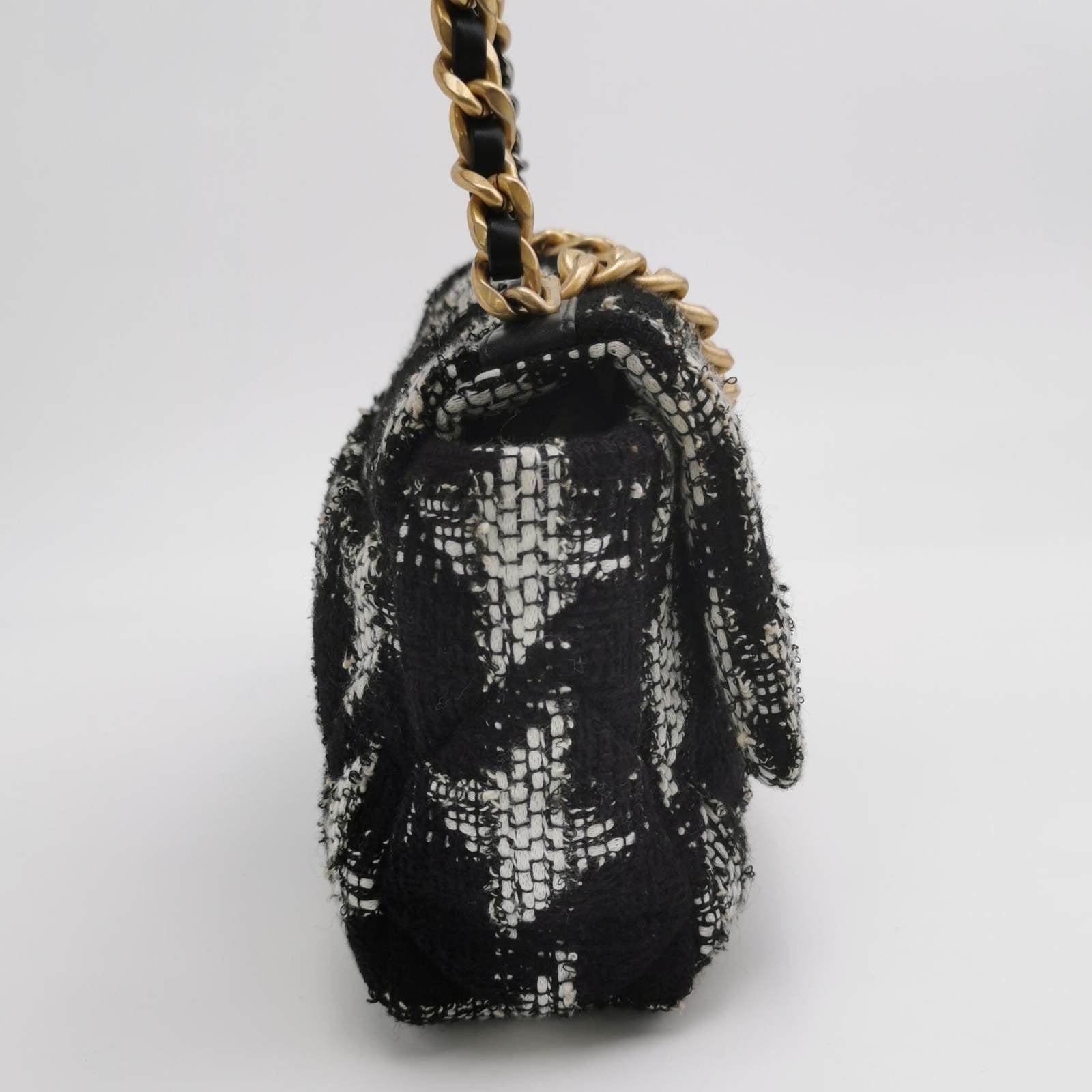 Women's Chanel 19 Bag 2021 Small Black White Checkered Tweed Bag