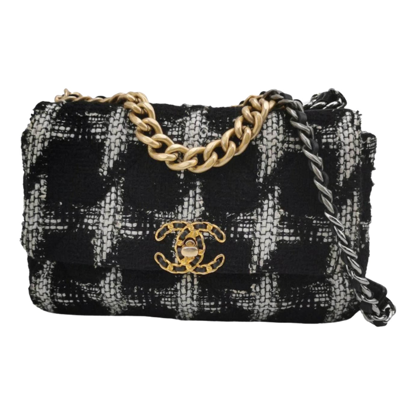 Chanel 19 Bag 2021 Small Black White Checkered Tweed Bag