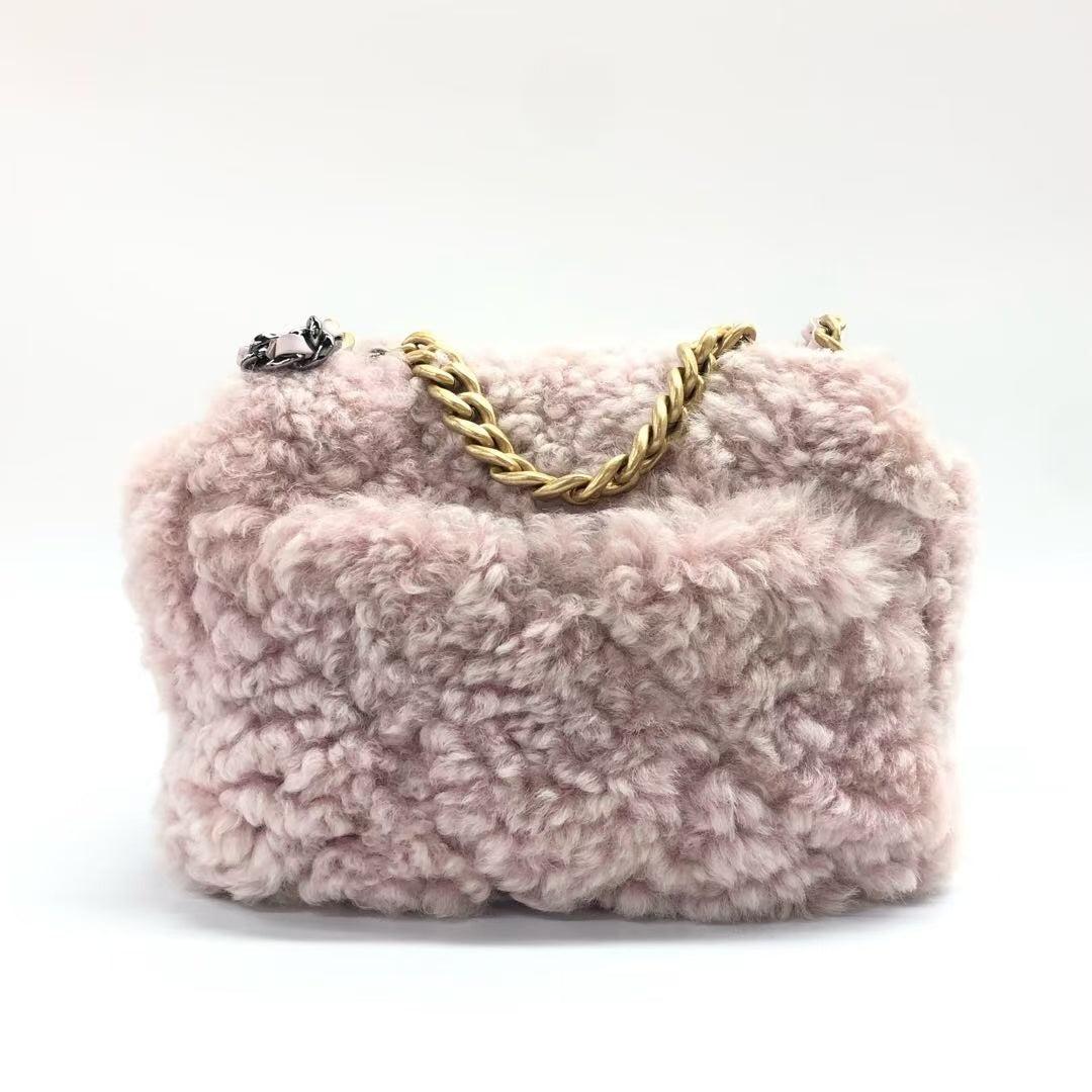 Chanel 19 Bag 2021 Small Pink Shearling Flap Bag For Sale 6