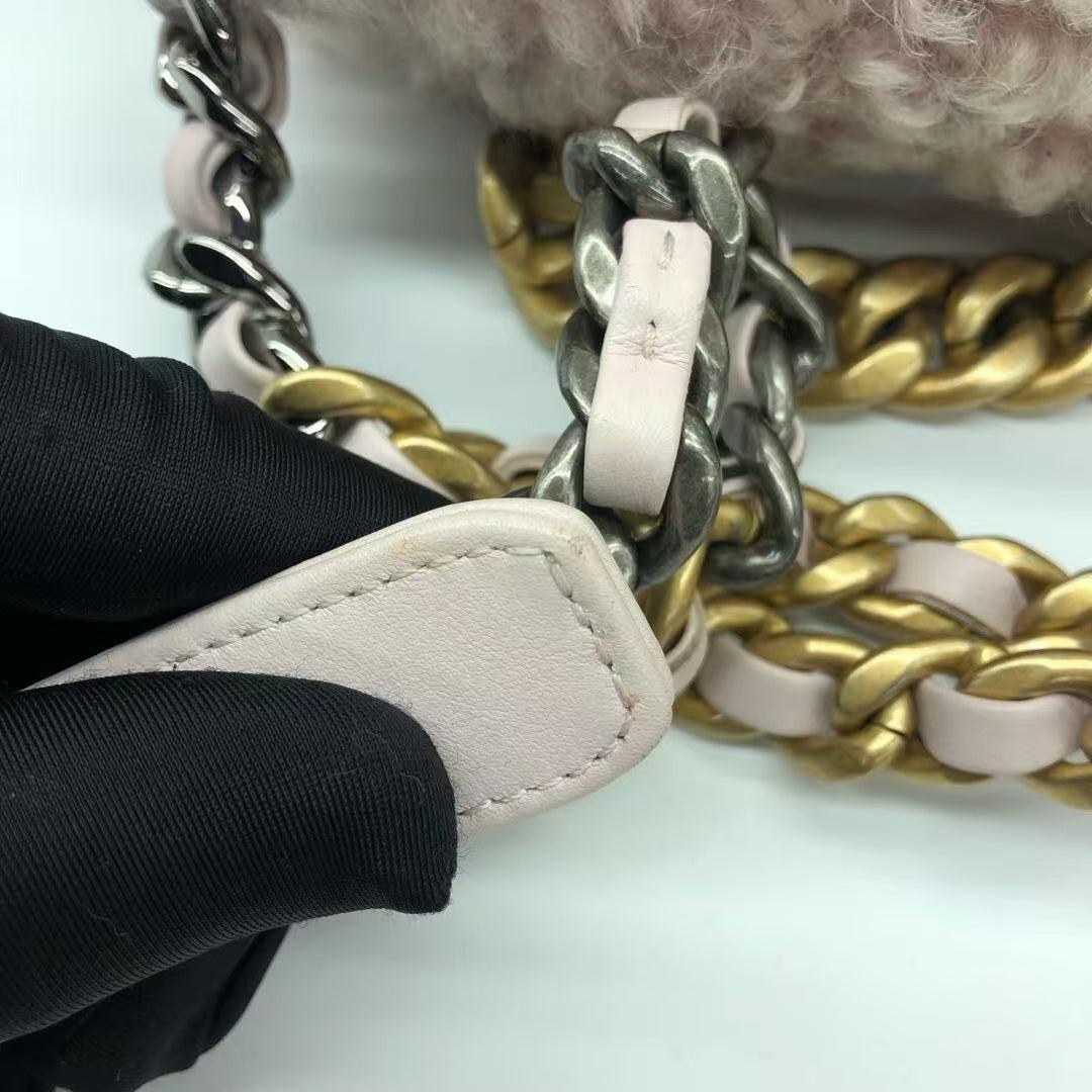 Chanel 19 Bag 2021 Small Pink Shearling Flap Bag For Sale 7