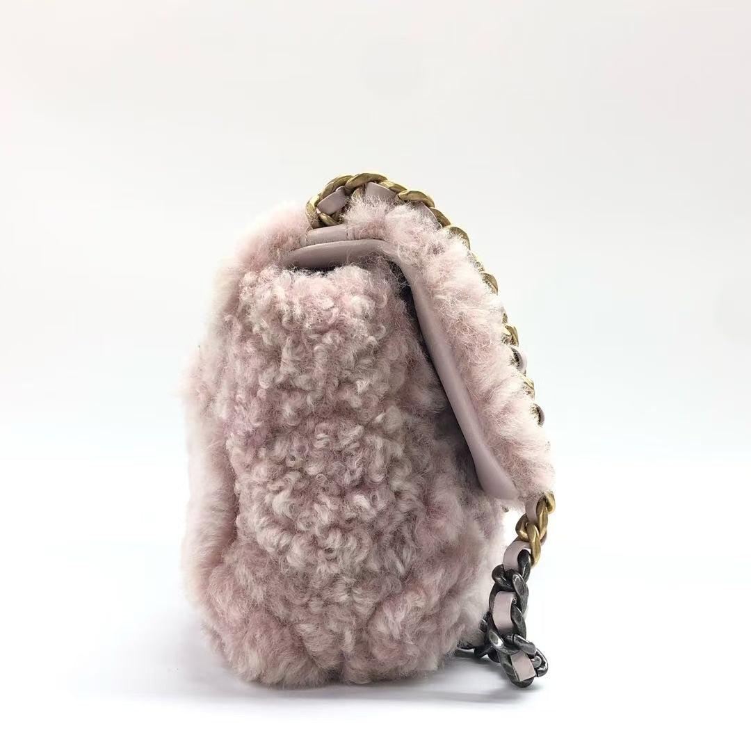 Chanel 19 Bag 2021 Small Pink Shearling Flap Bag For Sale 8