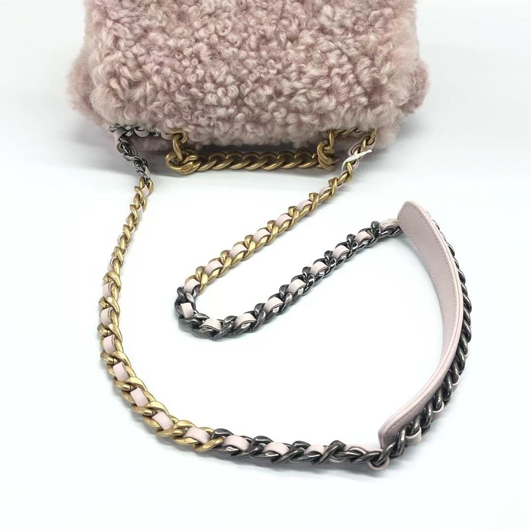 Chanel 19 Bag 2021 Small Pink Shearling Flap Bag For Sale 9