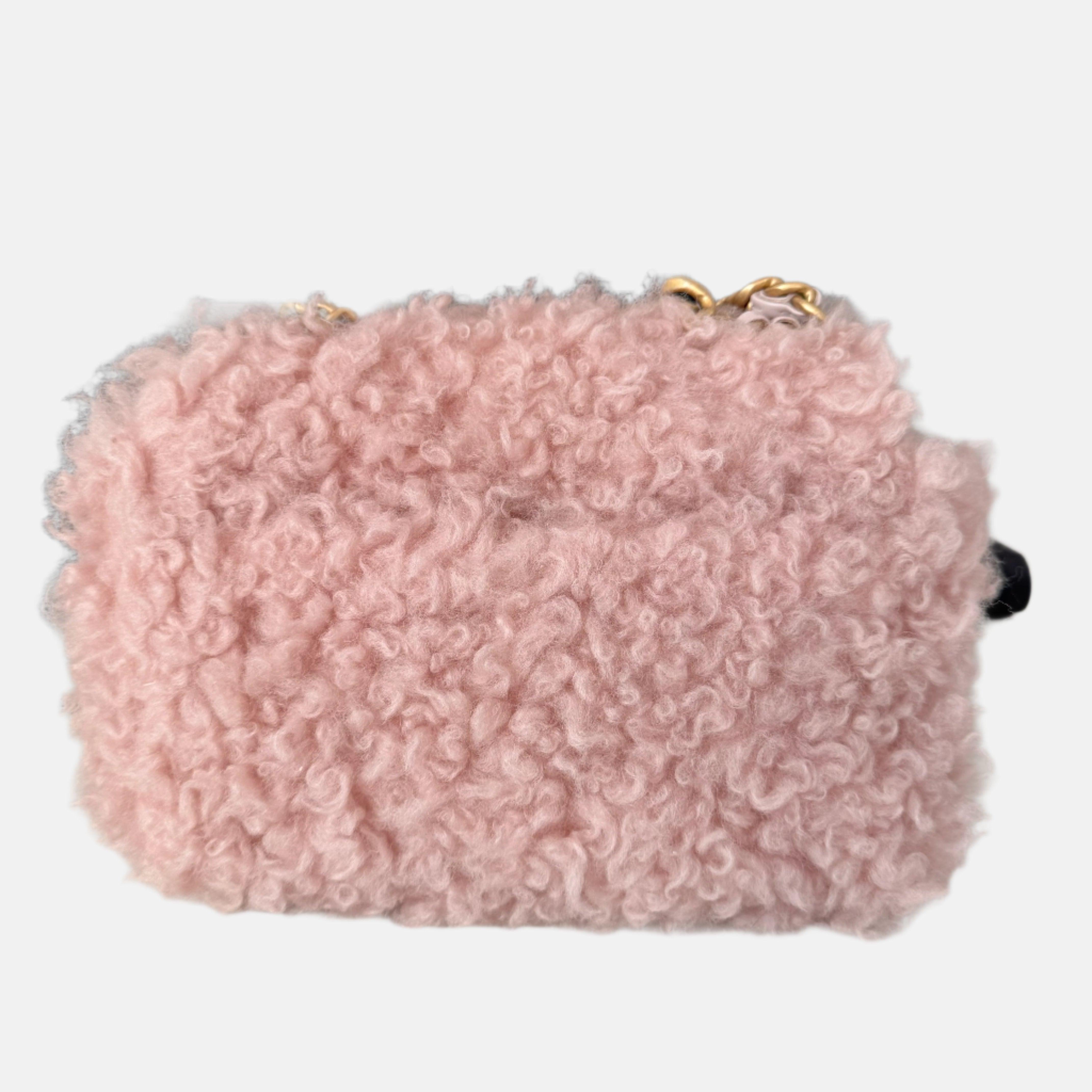 Brown Chanel 19 Bag 2021 Small Pink Shearling Flap Bag For Sale