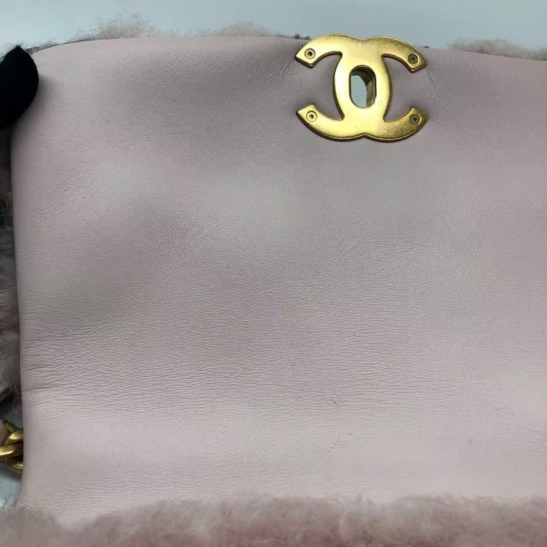Chanel 19 Bag 2021 Small Pink Shearling Flap Bag For Sale 1