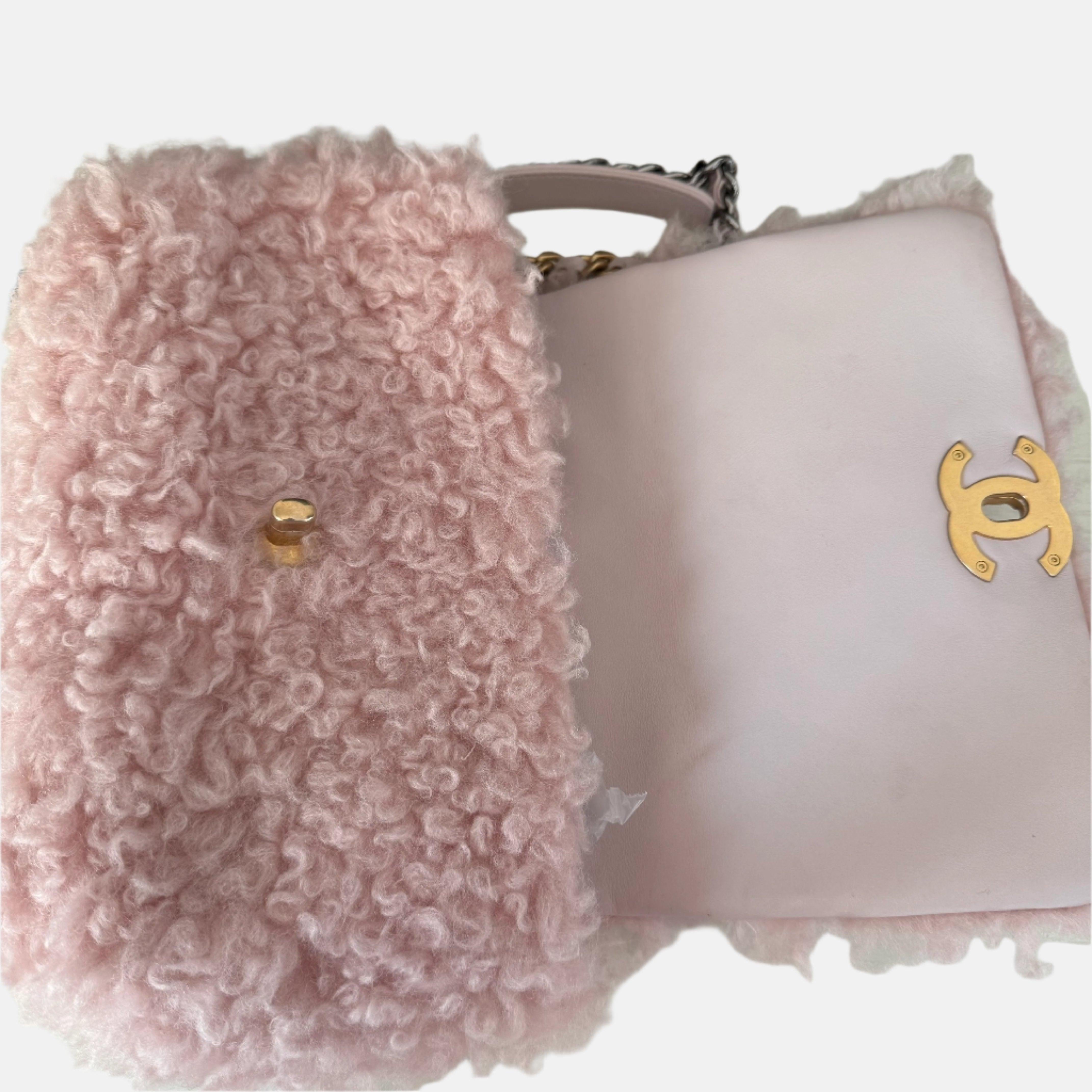 Chanel 19 Bag 2021 Small Pink Shearling Flap Bag For Sale 3