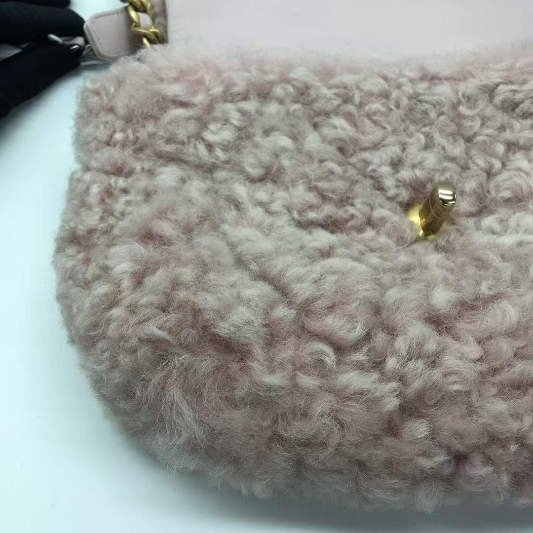 Chanel 19 Bag 2021 Small Pink Shearling Flap Bag For Sale 3