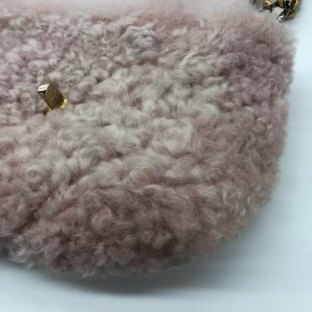 Chanel 19 Bag 2021 Small Pink Shearling Flap Bag For Sale 4