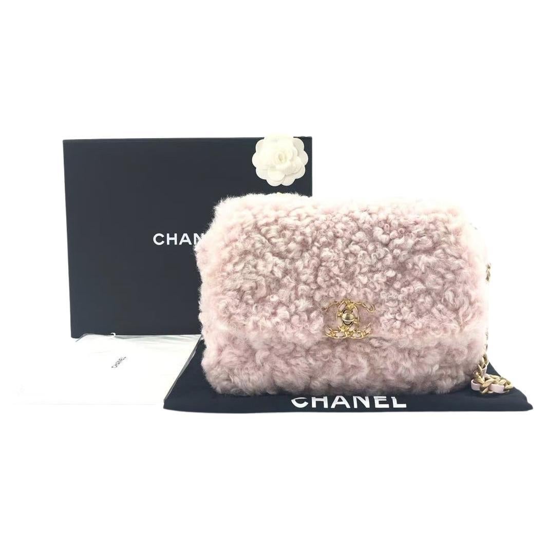 Chanel 19 Bag 2021 Small Pink Shearling Flap Bag For Sale