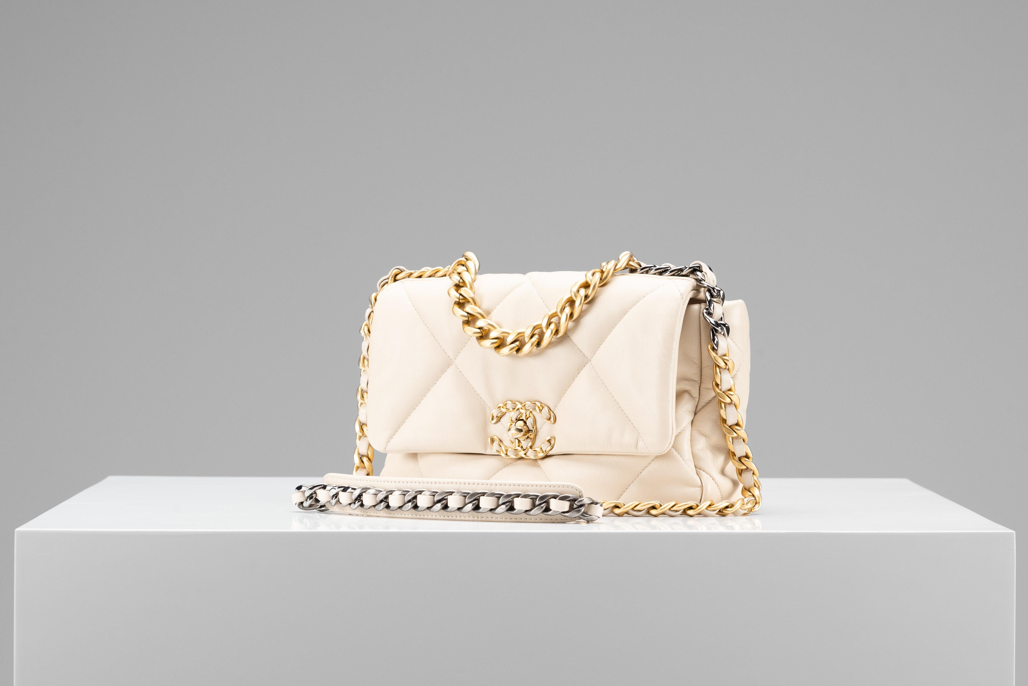 White Chanel 19 Flap Bag Cream Quilted Lambskin Leather