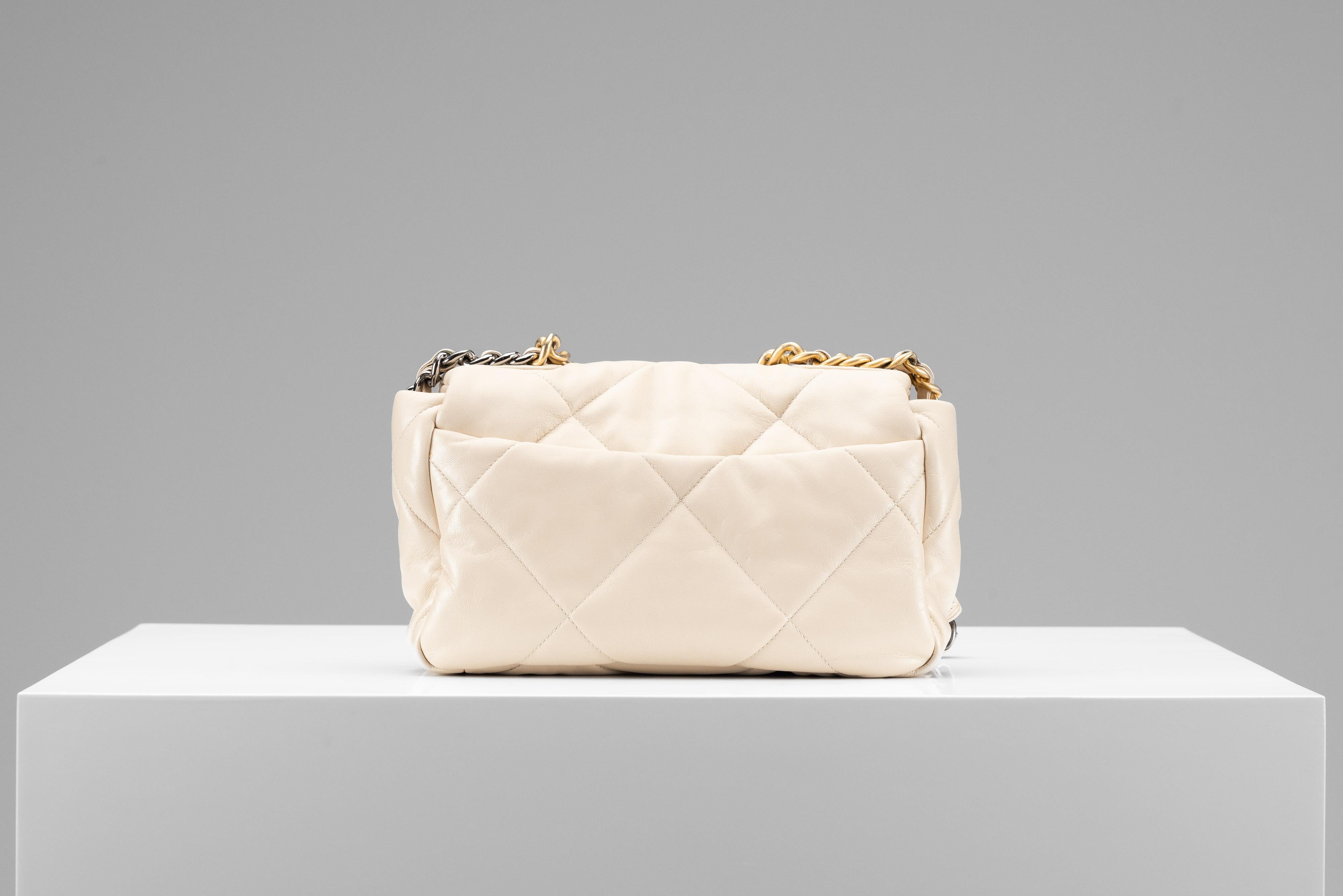 Women's or Men's Chanel 19 Flap Bag Cream Quilted Lambskin Leather