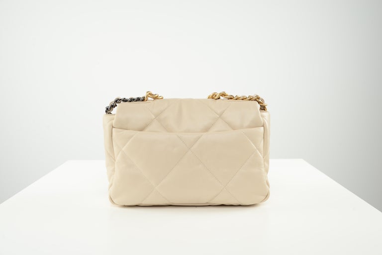 Chanel 19 Small Flap Quilted Lambskin Leather Shoulder Bag Beige