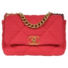 Chanel 19 Flap Bag Medium Quilted Tweed Pink Gold Silver Hardware Crossbody