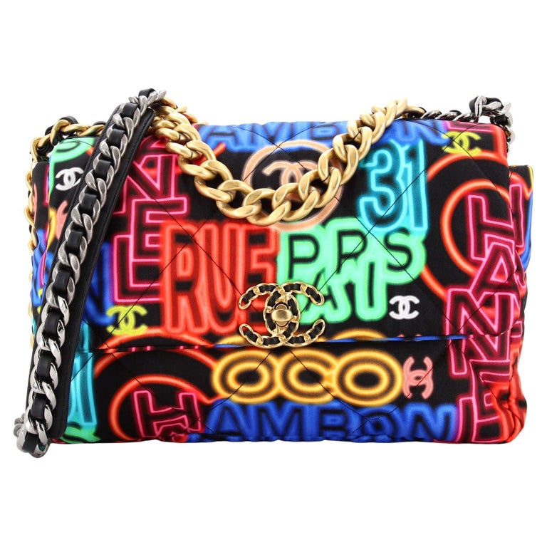 Chanel 19 Flap Bag Quilted Graffiti Print Fabric Large at 1stDibs