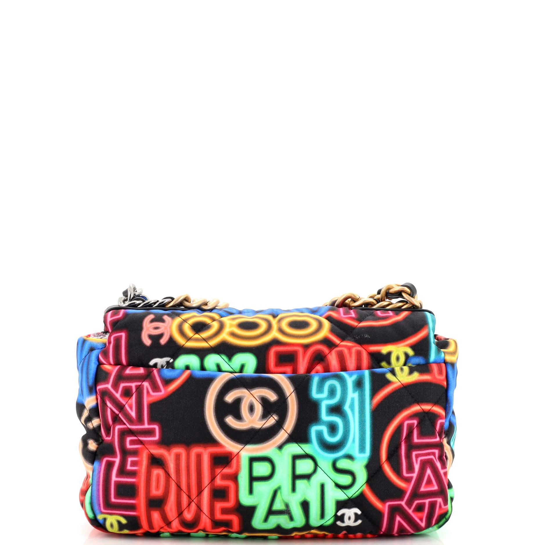 Chanel 19 Flap Bag Quilted Graffiti Print Fabric Medium In Good Condition In NY, NY