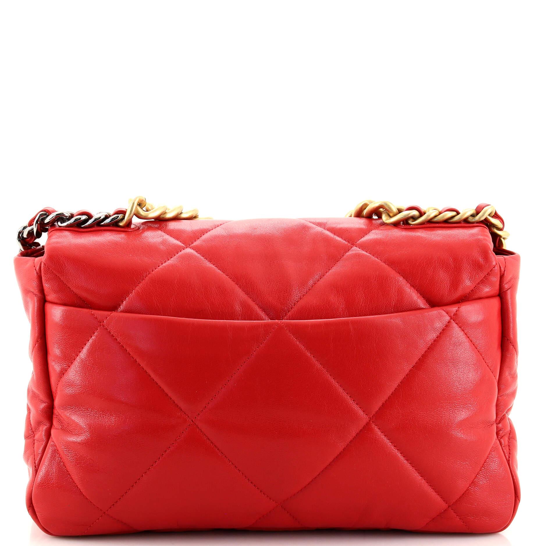 Red Chanel 19 Flap Bag Quilted Lambskin Large