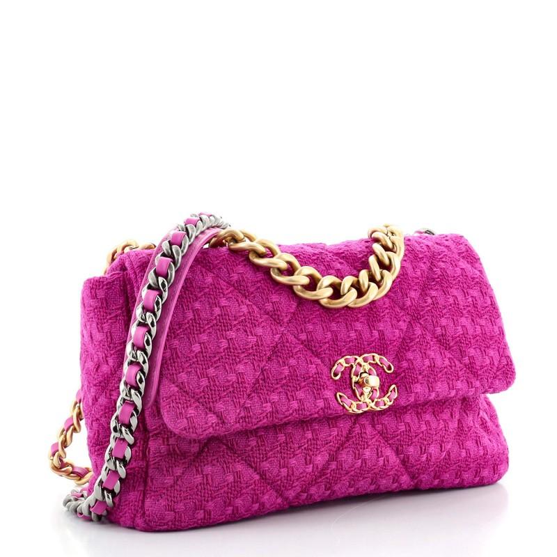 Purple Chanel 19 Flap Bag Quilted Tweed Large
