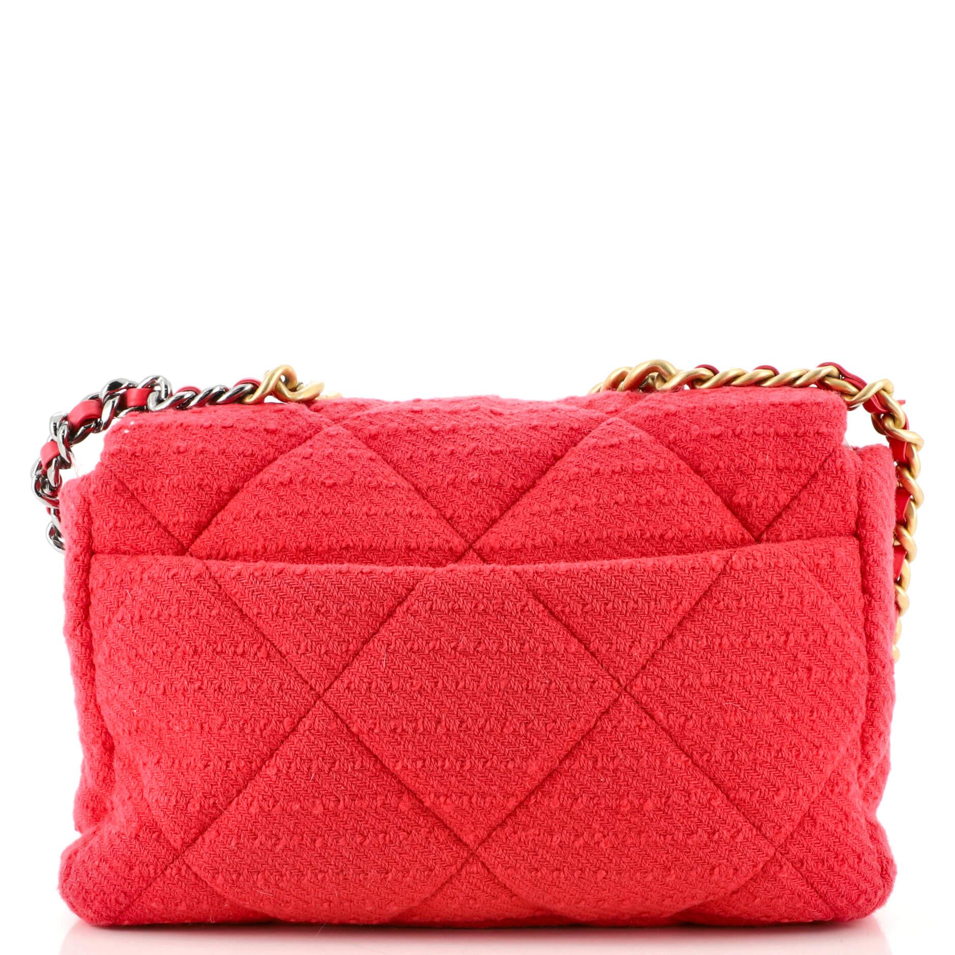 Red Chanel 19 Flap Bag Quilted Tweed Large