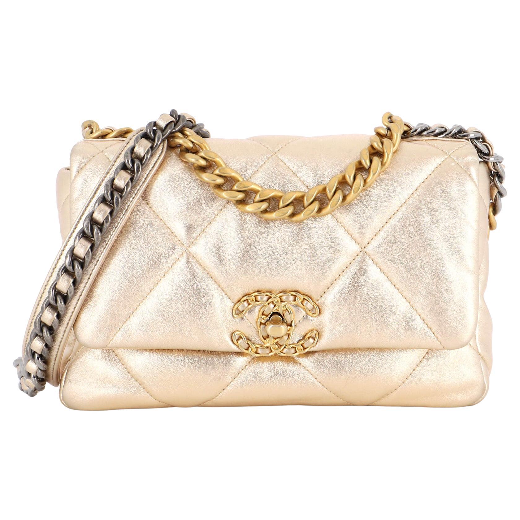 Chanel 19 Flap Bag Stitched Metallic Goatskin Medium For Sale at