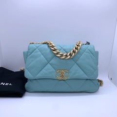 CHANEL 19 Flap Bag Tiffany Light Blue Goatskin Large Hardware Shoulder Bag