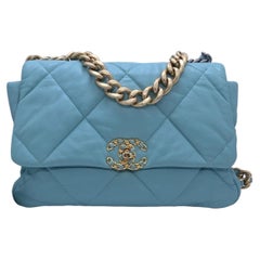 CHANEL 19 Flap Bag Tiffany Light Blue Goatskin Large Hardware Shoulder Bag