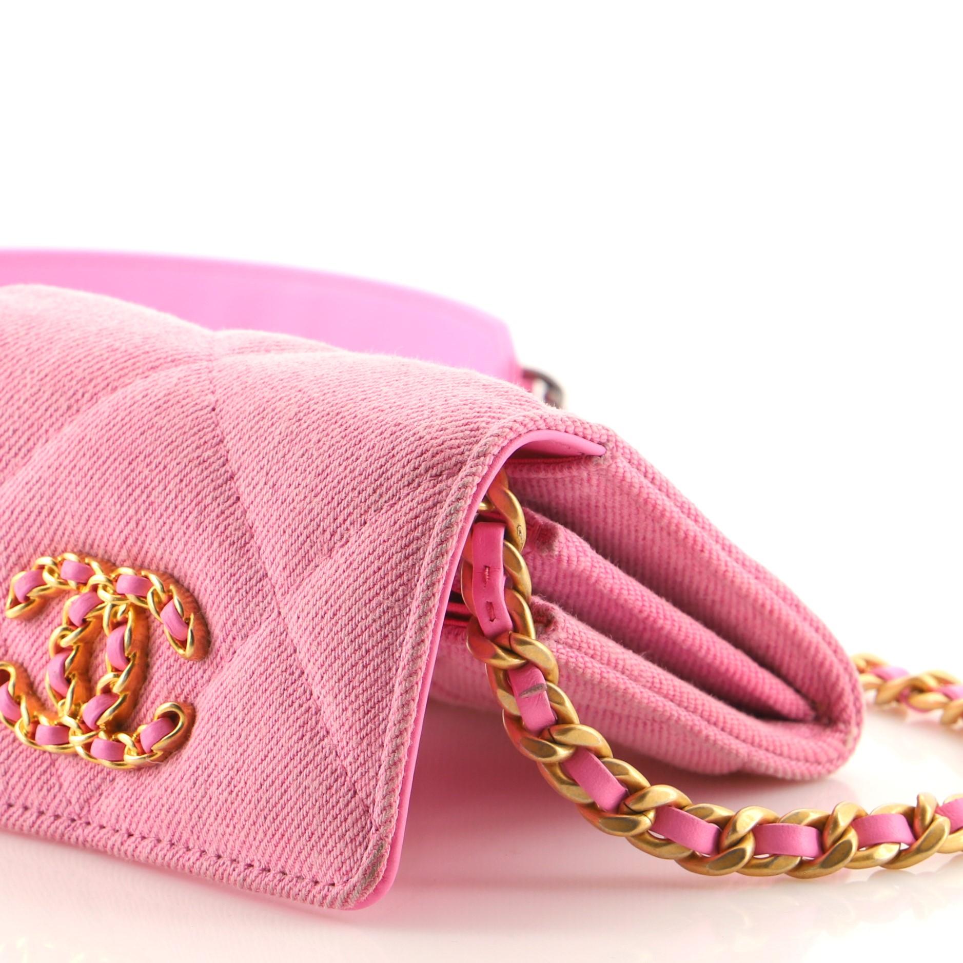 Pink Chanel 19 Flap Coin Purse With Chain Quilted Denim